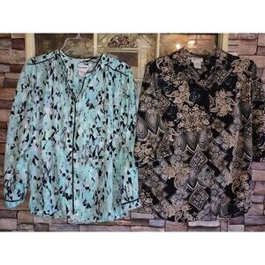 (2) Vtg Sz XSP Women’s Blouse Patchwork Blue Green Black Button Up Top